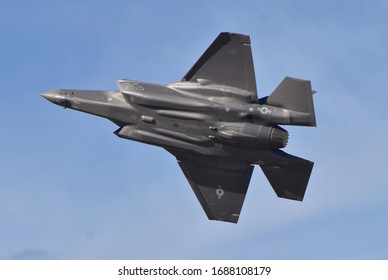 Tucson, USA - February 29, 2020: A U.S. Air Force F-35 Joint Strike Fighter (Lightning II) Jet Flying At Davis Monthan Air Force Base. This F-35 Is Assigned To Luke Air Force Base.