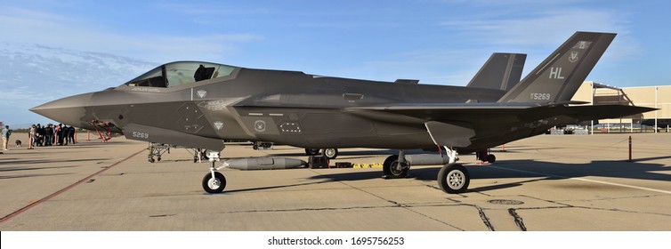 Tucson, USA - February 29, 2020: A U.S. Air Force F-35 Joint Strike Fighter (Lightning II) jet at Davis Monthan Air Force Base. This F-35 is assigned to Hill Air Force Base.