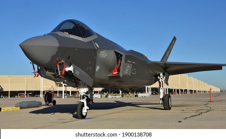 Tucson, USA - February 29, 2020: A U.S. Air Force F-35 Joint Strike Fighter (Lightning II) jet at Davis Monthan Air Force Base. This F-35 is assigned to Hill Air Force Base.