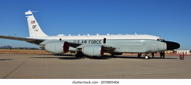 Tucson, USA - November 6, 2021: A U.S Air Force RC-135V Rivet Joint Surveillance Plane From Offutt Air Force Base.