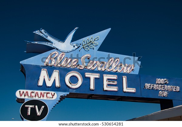 TUCUMCARI, NEW MEXICO - JULY 4, 2016 -The Blue Swallow\
Motel in Tucumcari, New Mexico, United States, is listed on the\
National Register of Historic Places in New Mexico as a part of\
U.S. Route 66