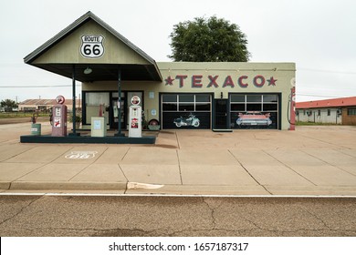Tucumcari, New Mexico USA - October 4, 2019: Cityscape view of the vintage buildings and signs along the historic Route Highway 66 through this small town located in Quay County.
