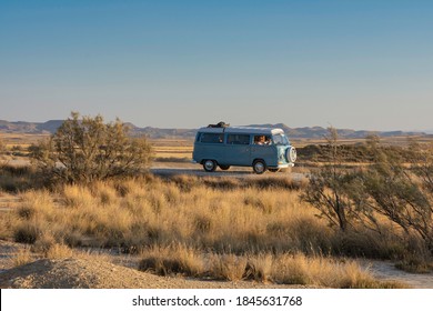 Tudela, Spain; August 8, 2020: Old travel van in the natural landscape of desert mountains. Volkswagen T2