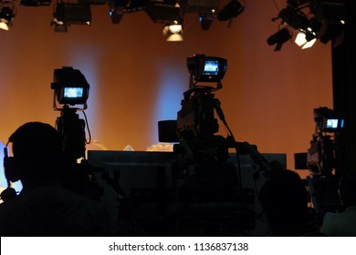 Tudio With Camera And Lights.Recording Live Talk Show At Television Studio.television Studio With Camera.select Focus.