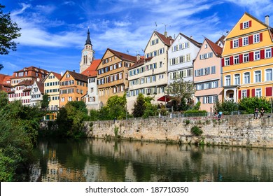 Tuebingen am Neckar (Germany), Riverfront with colourful old houses, typical view of the medival city 