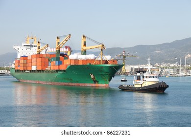 Tug Boat Towing Container Ship Harbor Stock Photo (Edit Now) 86227231