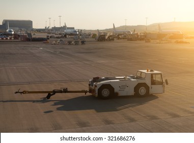 Tug Pushback Tractor In The Airport.