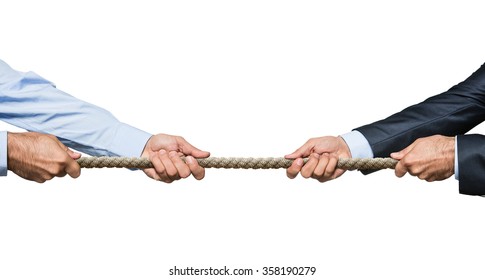 Tug war, two businessman pulling a rope in opposite directions isolated on white background