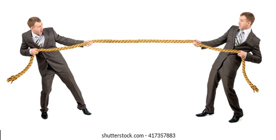 Tug war, two businessman pulling rope in opposite directions isolated on white background