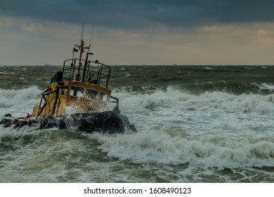 Tugboat Aground In A Winter Storm