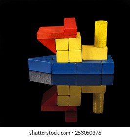 Tugboat Of Wooden Blocks, Traditional Toy On Black Background