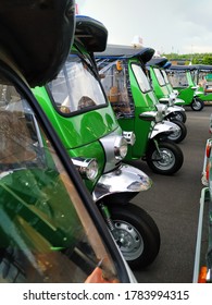 Tuk tuk cars, three wheel cars at park. Tuk tuk is traditional tricycle wheeler car and symbol of taxi in Thailand travelling in Bangkok.
