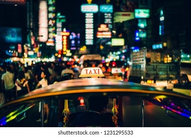 Tuk Tuk Taxi Nightlife At Chinatown In Bangkok,Thailand.