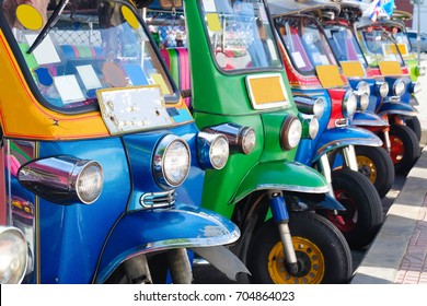 Tuk Tuk traditional taxi car fleet in Bangkok, Thailand