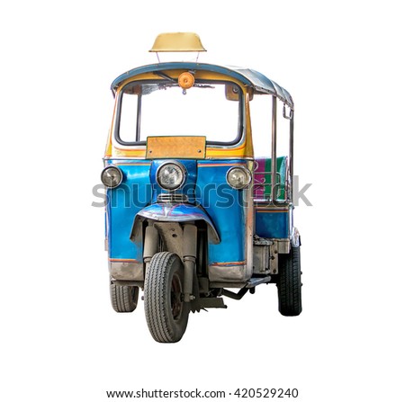 tuk-tuk isolated on white background. Traditional motor tricycle for transport passengers in Asia. Empty three-wheeler moto taxi.