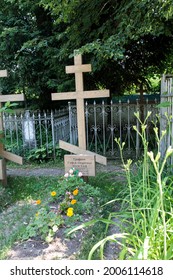 Tula region, Russia, - July 10, 2021, Kochakovsky necropolis - the Tolstoy family cemetery, located at Nikolskaya church. The grave of Sophia Tolstoy at Kochakovsky cemetery, near Yasnaya Polyana.