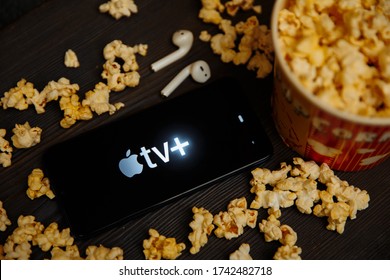 Tula Russia 16.01.20: Apple tv on the phone screen.