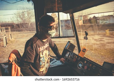 Tula / Russia - April 01 2019: A Tram Driver Wears A Mask During A Coronavirus Pandemic. 