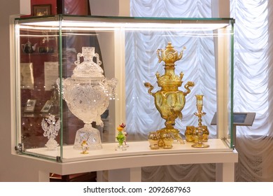 Tula, Russia - April, 30, 2021: Russian Samovars In The Interior Of The Samovar Museum In Tula.