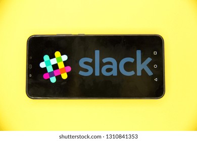 Tula, Russia - JANUARY 29, 2019: Slack Logo On Smartphone