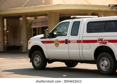 Tulare, California, USA - July 14, 2021: A Cal Fire Truck Drives Through Downtown Tulare.