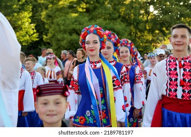 TULCEA, ROMANIA - AUGUST 08: Ukrainian Group Of Dancers In Traditional Costumes At The International Folklore Festival For Children And Youth - Golden Fish On August 08, 2022 In Tulcea, Romania