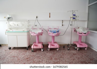 TULCEA, ROMANIA -FEBRUARY 21: Newborn Baby Cribs In Hospital Nursery On February 21, 2020 In Tulcea County Hospital, Romania.