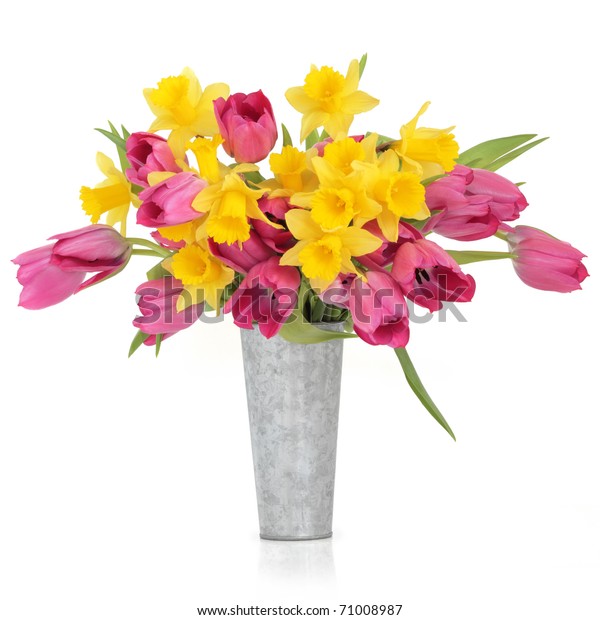 Tulip Daffodil Flowers Distressed Aluminum Vase Stock Photo Edit