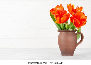 Tulip flowers bouquet. Easter greeting card template. With space for your greetings