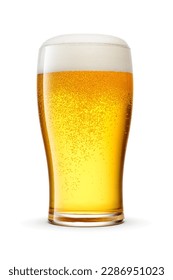 Tulip pint glass of fresh delicious golden-colored beer with cap of foam isolated on white background.