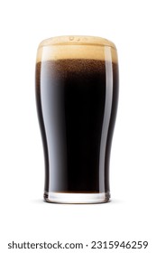 Tulip pint glass of fresh delicious dark stout beer with cap of foam isolated on white background.