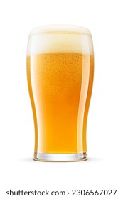 Tulip pint glass of fresh frothy yellow wheat unfiltered beer with cap of foam isolated on white background.