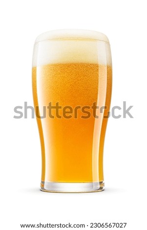 Tulip pint glass of fresh frothy yellow wheat unfiltered beer with cap of foam isolated on white background.
