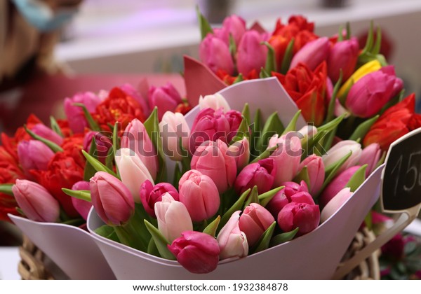 Tulip, tulips bouquet. Present for March 8,\
International Women\'s Day. Holiday decor with flowers. Bouquet with\
colorful tulips. Red tulip, yellow tulip. Holiday floral decor.\
Spring tulips, bouquet