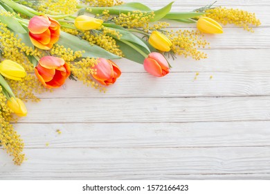 tulips and mimosa on white wooden background