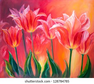 Tulips, oil painting on canvas - Shutterstock ID 128784785