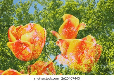 tulips, orange tulips, yellow tulips, blooming flowers, spring flowers, garden tulips, tulip close-up, vibrant petals, colorful flowers, nature background, flower head, floral texture, natural beauty,