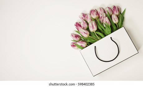 Tulips In Shopping Bag With Space For Text. Flat Lay, Top View