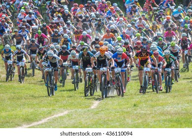 TULLINGE, SWEDEN - JUNE 12, 2016: Mass Start Of Male Elite Cyclists Just In The Beginning Of The Race Lida Loop. One Of Swedens Biggest Mountainbike Races.