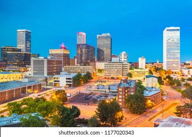 Tulsa, Oklahoma, USA downtown city skyline at twilight.