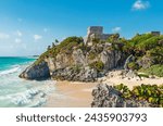 Tulum beach and maya temple ruins by Caribbean Sea, Yucatan, Mexico.