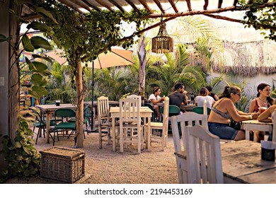 TULUM, MEXICO - August 2022: Cozy Stylish Cafe, Restaurant, Coffee Shop In Tulum, People In Cafe, Mexic