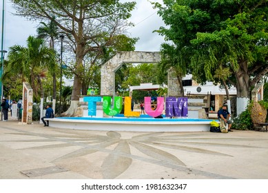 Tulum, Mexico. May 10, 2021. Beautiful View Of The Tulum Colourful Sign In Tulum With People Hanging Out Around The Sign.