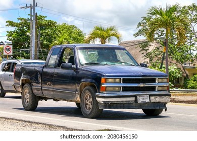 Tulum, Mexico - May 17, 2017: Black pickup truck Chevrolet C-K in a city street.