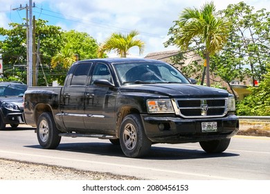 Tulum, Mexico - May 17, 2017: Black pickup truck Dodge Dakota in a city street.