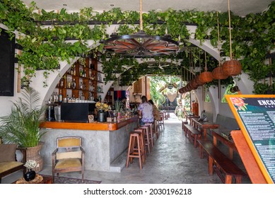 Tulum, Mexico. May 25, 2021. People Sitting At The Beautiful Retro Vintage Style Traditional Cafe Or Restaurant In Tulum