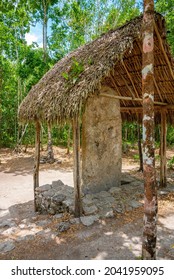 Tulum, Mexico. May 25, 2021. Historic Stele Stone Slab With Straw Roof In Forest In The Maya Ruins Of Coba