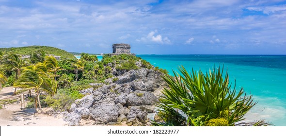 Tulum Temple And Panoramic View Of Mexican Caribbean