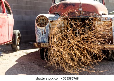 Tumbleweed And Old Vintage Cars In Car Cemetery