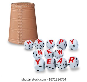 Tumbling Dice Spelling Happy New Year And A Raffle Cup Standing Upside Down In The Background On White Background. Good Luck And Wealth Concept.